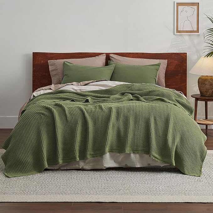 Bedsure 100% Cotton Blanket King Size for Bed - Breathable and Soft, Waffle Weave Blanket for Summer, Thick Cozy Fall Blankets for Women Gift, Olive Green, 104x90 inches