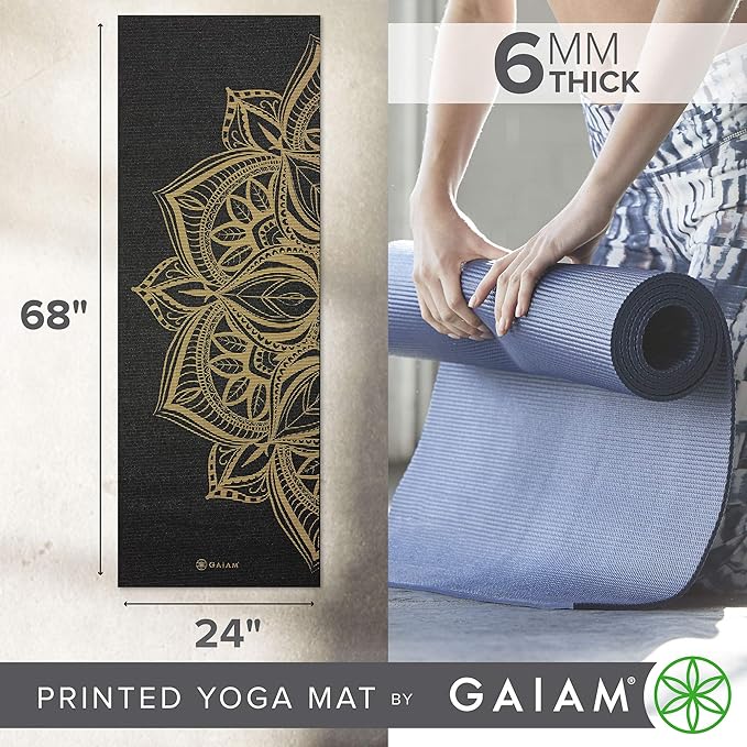 Gaiam Yoga Mat - Premium 6mm Print Extra Thick Non Slip Exercise & Fitness Mat for All Types of Yoga, Pilates & Floor Workouts (68"L x 24"W x 6mm Thick)