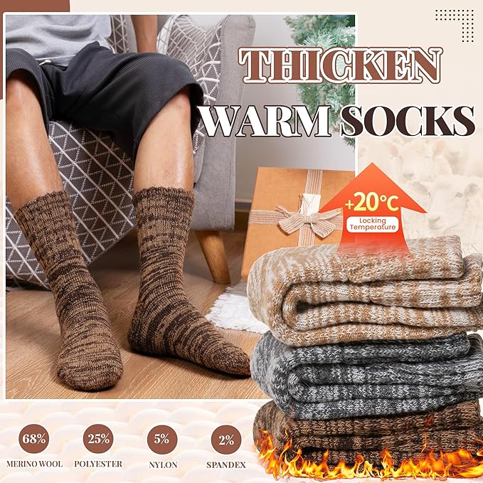 Merino Wool Boot Socks Thermal Winter Ski Thick Warm Hiking Socks for Women Men 3 Pairs
