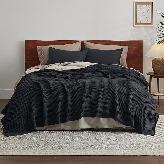Bedsure 100% Cotton Blanket King Size for Bed - Breathable and Soft, Waffle Weave Blanket for Summer, Thick Cozy Fall Blankets for Women Gift, Black, 104x90 inches
