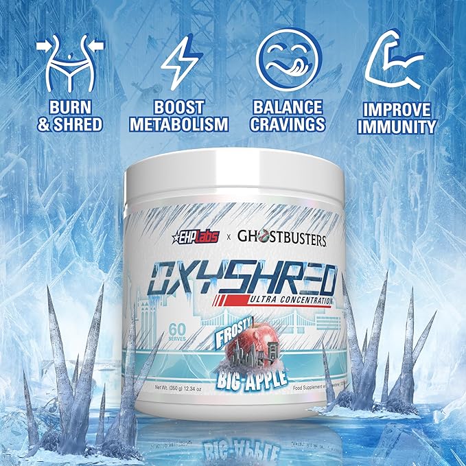 EHP Labs x Ghostbusters OxyShred Pre Workout Powder Supplement - Preworkout Powder with Acetyl L Carnitine, Energy Boost Drink - Frosty Big Apple, 60 Servings