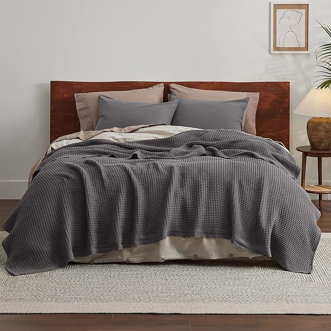 Bedsure 100% Cotton Blanket King Size for Bed - Breathable and Soft, Waffle Weave Blanket for Summer, Thick Cozy Fall Blankets for Women Gift, Dark Grey, 104x90 inches