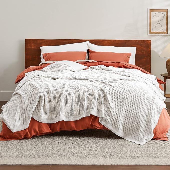 Bedsure 100% Cotton Blanket King Size for Bed - Breathable and Soft, Waffle Weave Blanket for Summer, Thick Cozy Fall Blankets for Women Gift, White, 104x90 inches