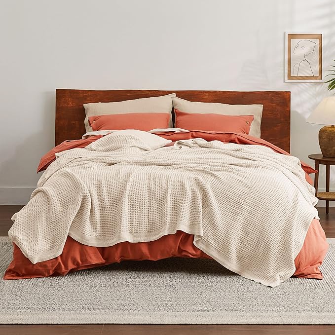 Bedsure 100% Cotton Blanket Queen Size for Bed - Breathable and Soft, Waffle Weave Blanket for Summer, Thick Cozy Fall Blankets for Women Gift, Yellowish Cream, 90x90 Inches