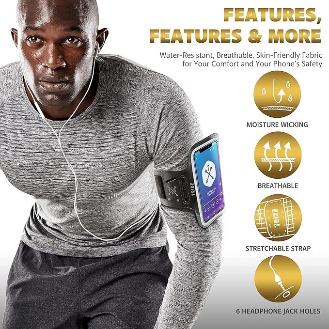 TRIBE Water Resistant Cell Phone Armband Case Running Holder for iPhone Pro Max Plus Mini SE (13/12/11/X/XS/XR/8/7/6/5) Galaxy S Ultra Plus Edge Note (21/20/10/9/8/7/6/5) Adjustable Strap & Key Pocket