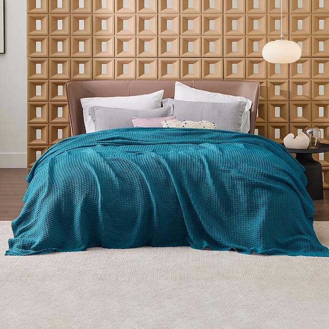 Bedsure 100% Cotton Blanket King Size for Bed - Breathable and Soft, Waffle Weave Blanket for Summer, Thick Cozy Fall Blankets for Women Gift, Teal, 104x90 inches