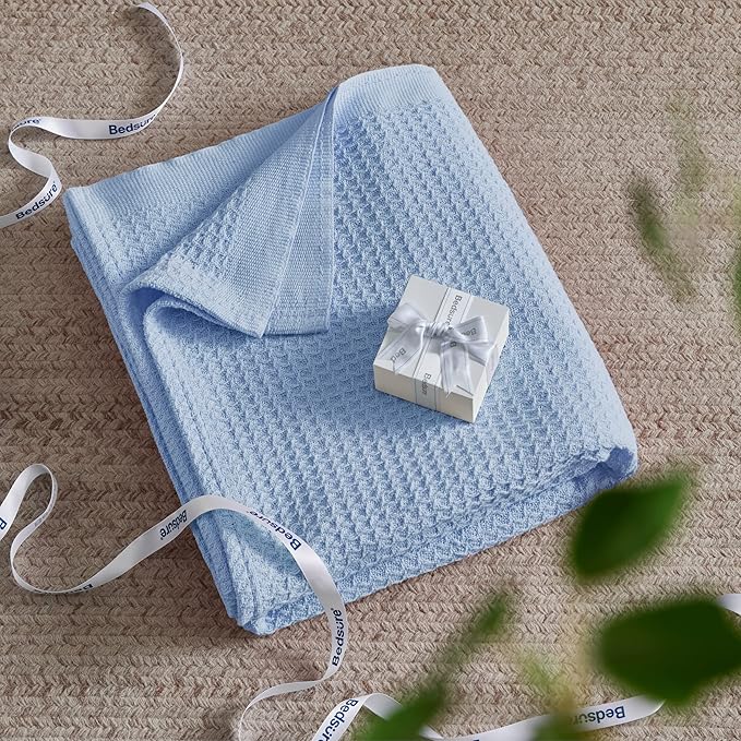 Bedsure 100% Cotton Blanket Twin XL Size for College Dorm - Breathable and Soft, Waffle Weave Twin Blanket for Summer, Dorm Room Essentials, Sky Blue, 66x90 inches