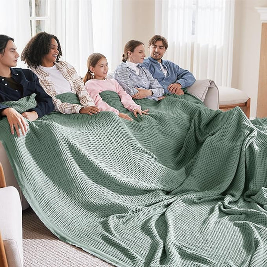 Bedsure 100% Cotton Large Blanket Oversized King for Bed - Breathable Thick Waffle Weave Blanket for Summer, Couch Cover, Sage Green, 120x94 inches