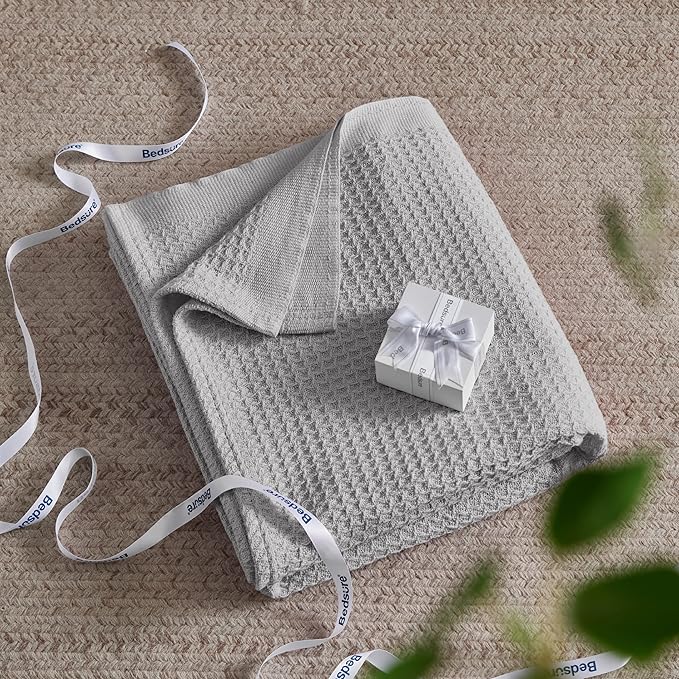 Bedsure 100% Cotton Blanket Twin XL Size for College Dorm - Breathable and Soft, Waffle Weave Twin Blanket for Summer, Dorm Room Essentials, Grey, 66x90 inches