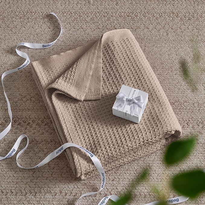 Bedsure 100% Cotton Large Throw Blanket for Couch 50x70 inches - Breathable and Soft, Waffle Weave Throw Blanket for Office, Taupe