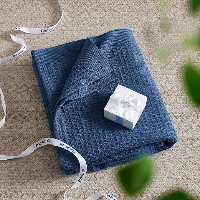Bedsure 100% Cotton Large Throw Blanket for Couch 50x70 inches - Breathable and Soft, Waffle Weave Throw Blanket for Office, Navy