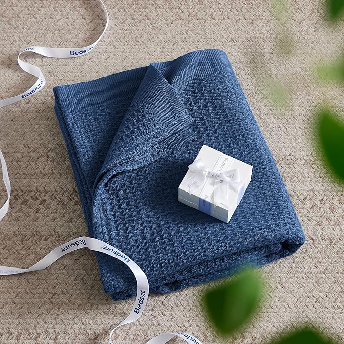 Bedsure 100% Cotton Blanket Queen Size for Bed - Breathable and Soft, Waffle Weave Blanket for Summer, Thick Cozy Fall Blankets for Women Gift, Navy, 90x90 Inches
