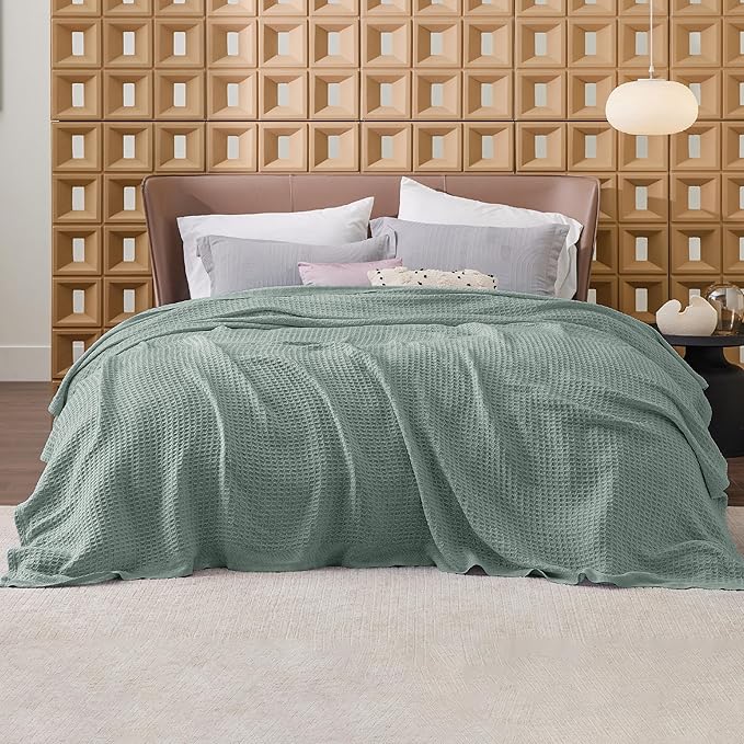 Bedsure 100% Cotton Blanket Queen Size for Bed - Breathable and Soft, Waffle Weave Blanket for Summer, Thick Cozy Fall Blankets for Women Gift, Sage Green, 90x90 Inches