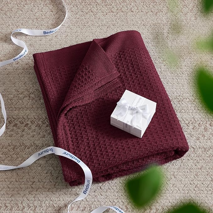 Bedsure 100% Cotton Blanket Queen Size for Bed - Breathable and Soft, Waffle Weave Blanket for Summer, Thick Cozy Fall Blankets for Women Gift, Red, 90x90 Inches