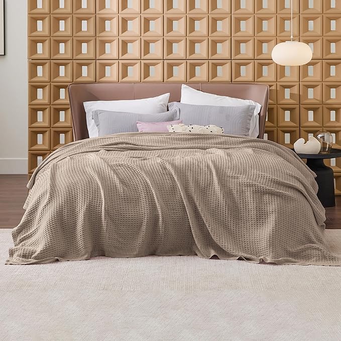 Bedsure 100% Cotton Blanket Queen Size for Bed - Breathable and Soft, Waffle Weave Blanket for Summer, Thick Cozy Fall Blankets for Women Gift, Taupe, 90x90 Inches