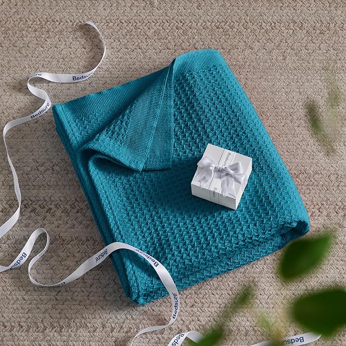 Bedsure 100% Cotton Blanket King Size for Bed - Breathable and Soft, Waffle Weave Blanket for Summer, Thick Cozy Fall Blankets for Women Gift, Teal, 104x90 inches