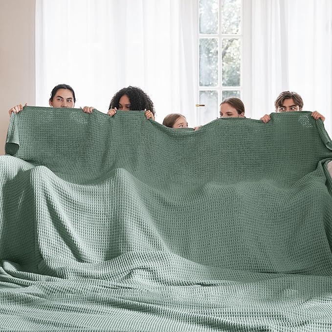 Bedsure 100% Cotton Large Blanket Oversized King for Bed - Breathable Thick Waffle Weave Blanket for Summer, Couch Cover, Sage Green, 120x94 inches