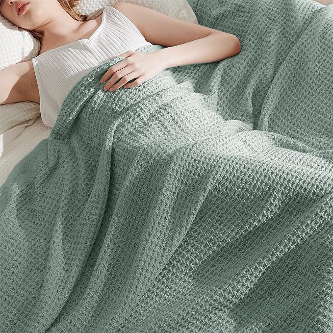 Bedsure 100% Cotton Blanket Queen Size for Bed - Breathable and Soft, Waffle Weave Blanket for Summer, Thick Cozy Fall Blankets for Women Gift, Sage Green, 90x90 Inches