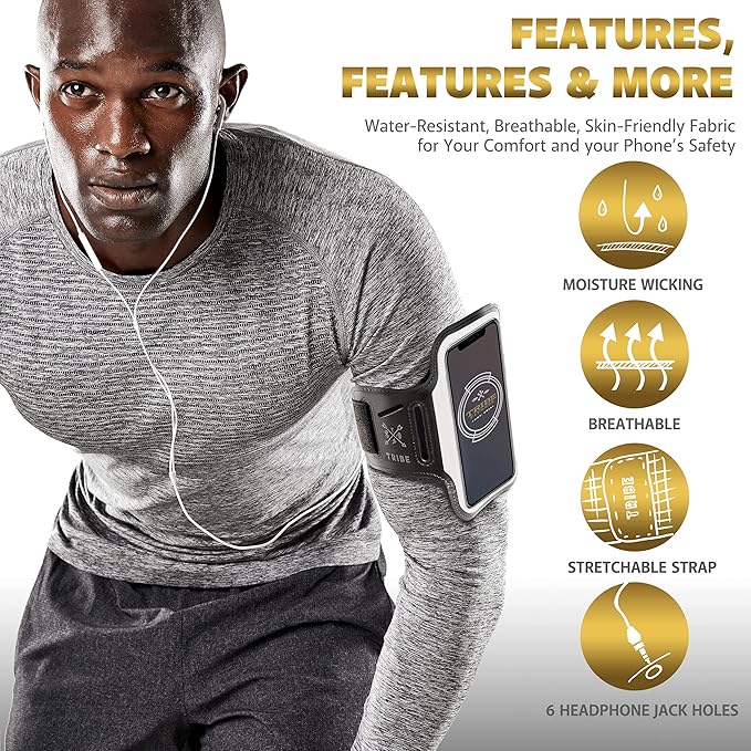 TRIBE Running Phone Holder Armband. iPhone & Galaxy Cell Phone Sports Arm Bands for Women, Men, Runners, Jogging, Walking, Exercise & Gym Workout. Fits All Smartphones. Adjustable Strap, CC/Key Pocket