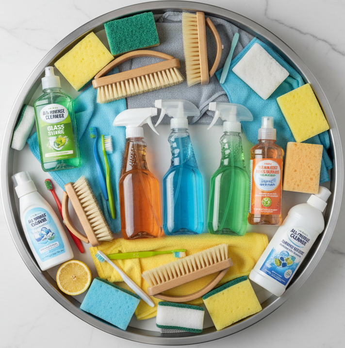 circle photo of cleaning supplies, make a real photo